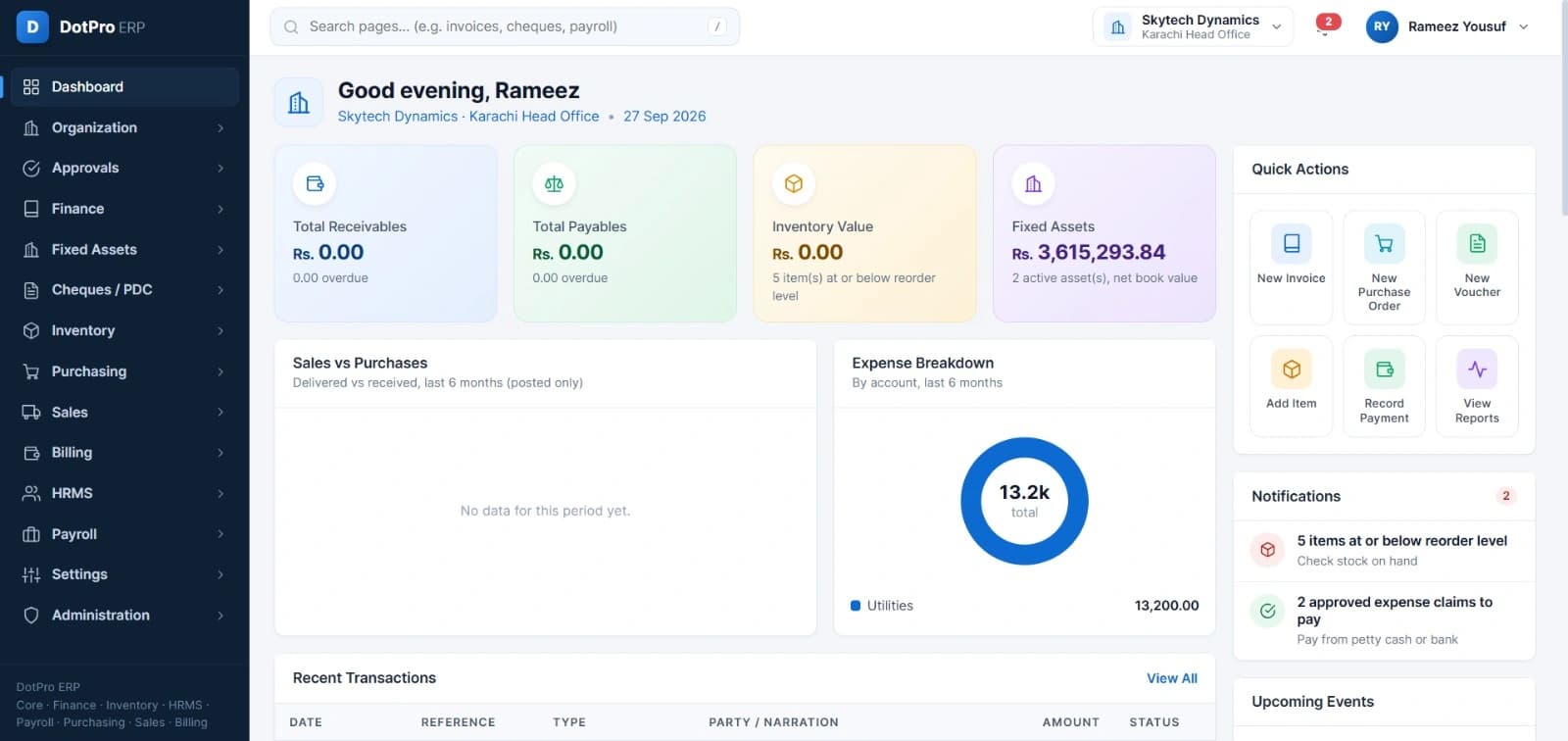 The DotPro ERP dashboard: receivables, payables, inventory value and fixed assets across the top, a sales-versus-purchases chart and an expense breakdown below, with quick actions for invoices, purchase orders and vouchers down the right.
